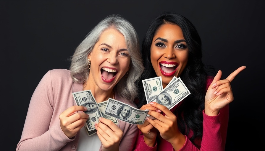 Two women excitedly showing money with the phrase 'Hair Pays the Bills!'