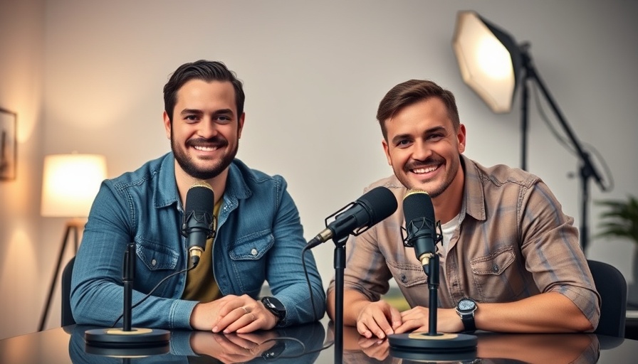 Confident hosts smile at podcast setup symbolizing YouTube success.