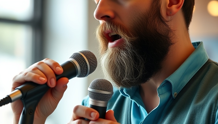 Bearded man in turquoise speaking dynamically into a microphone indoors.