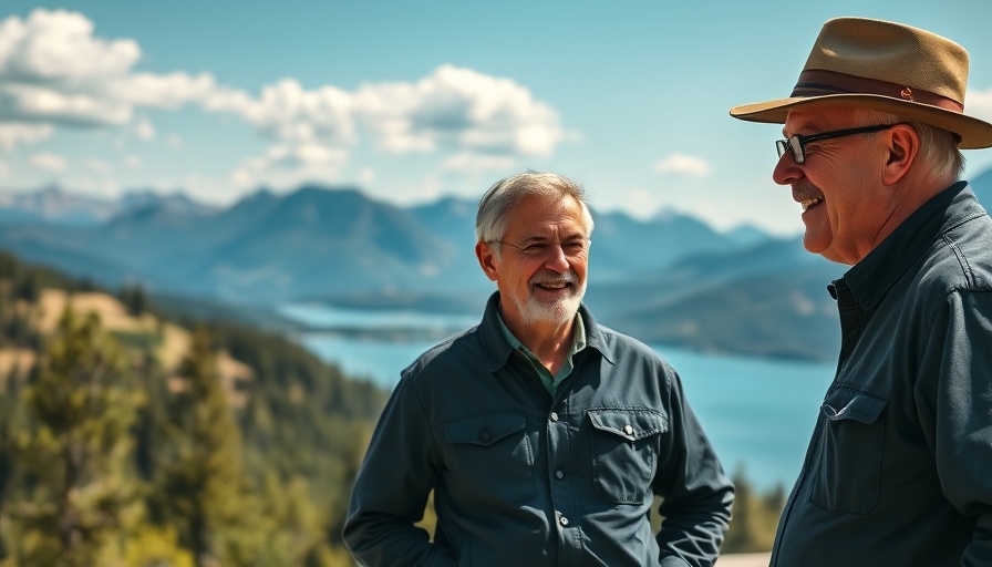 Two men discussing retirement income strategies in a mountain landscape.