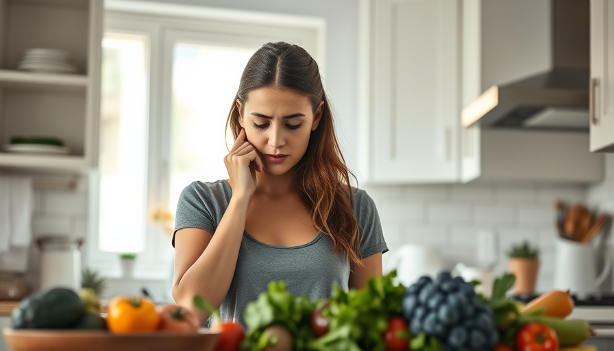 Stressed woman in kitchen contemplating vegetables, single income.