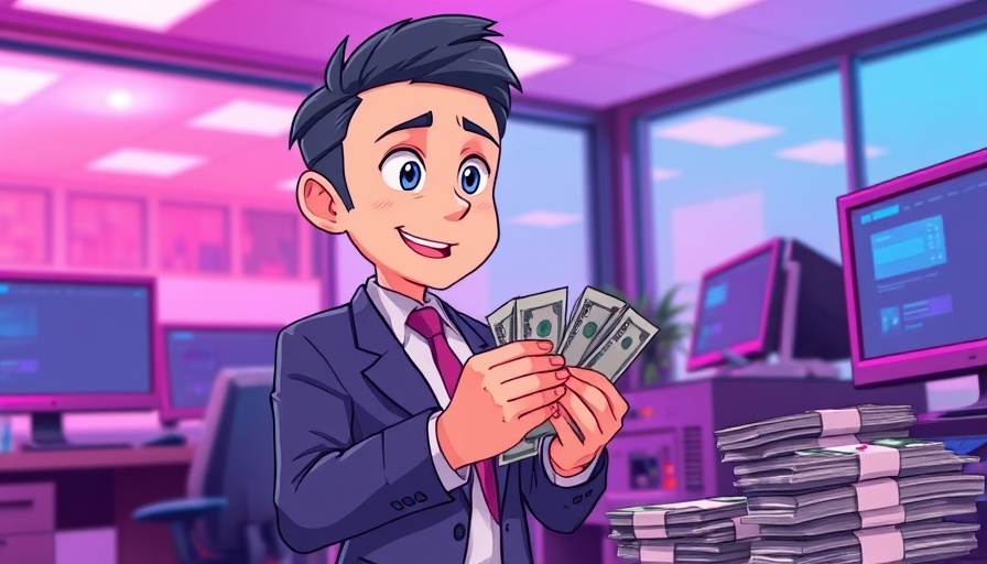Anime character making money, cartoon style office.