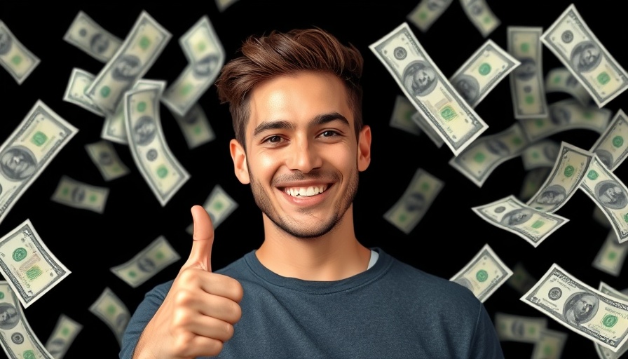 Young man thumbs up six-figure business ideas with money floating.