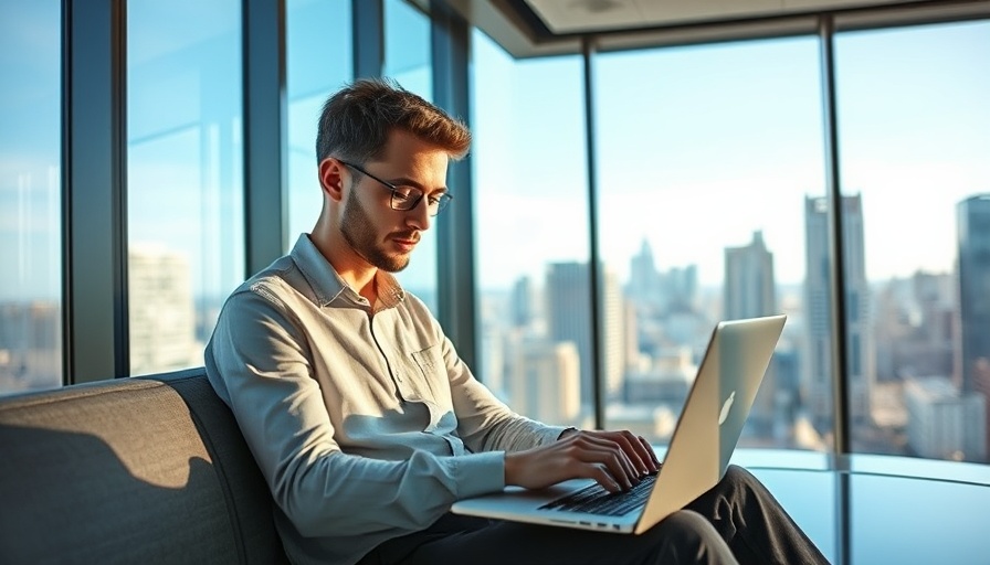 Young professional working on a laptop with a city view, Side Hustle Ideas for 2025.