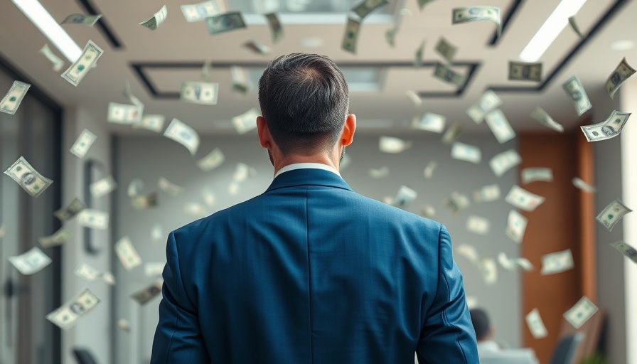 Businessman surrounded by falling money in office setting for free money hacks.