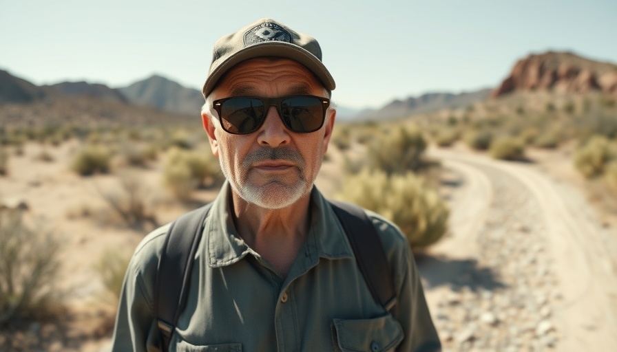 Mature man in desert landscape showing surprise during wildfire preparedness.