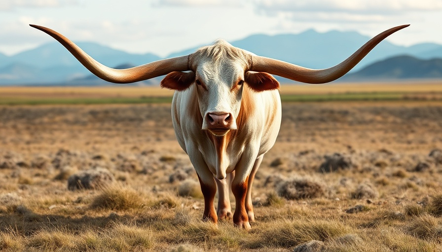 Longhorn cow standing near lake, showcasing nature's beauty.