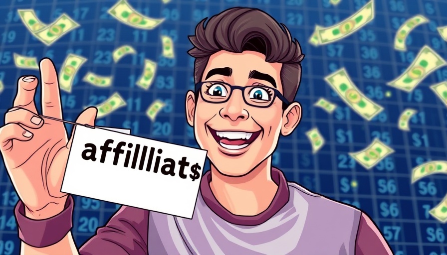 Affiliate Marketing for Beginners text with smiling man and dollar graphics.