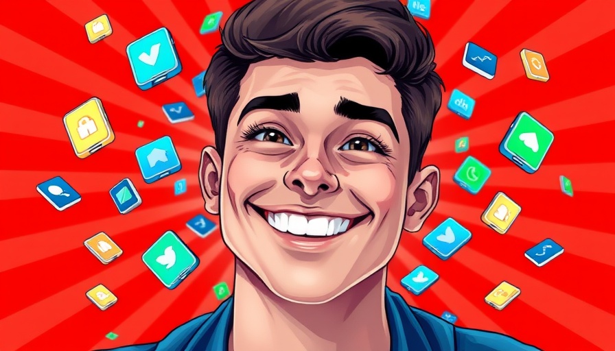 Digital illustration of a smiling man surrounded by app icons on a red background related to AI tools to make money online for retirees.