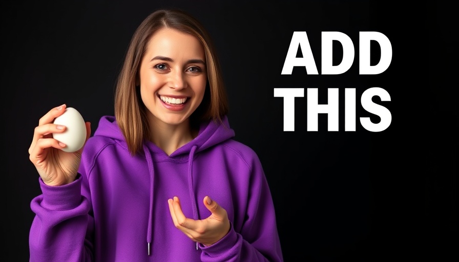 Smiling woman holds egg with cooking tip, studio background.