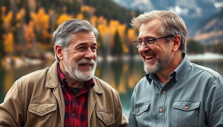 Humorous conversation on retirement in front of scenic lake.
