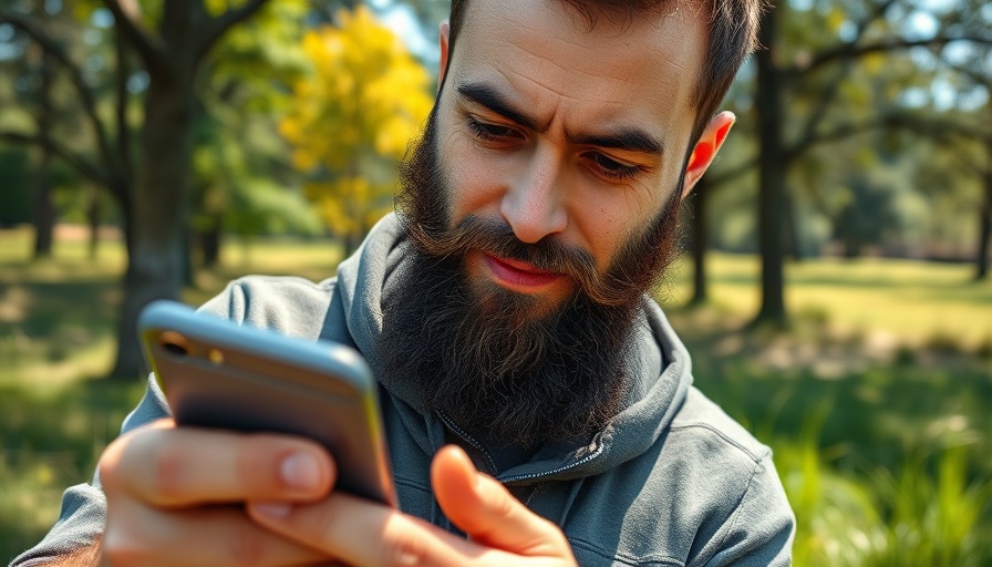 Bearded man focuses on phone outdoors for YouTube success.