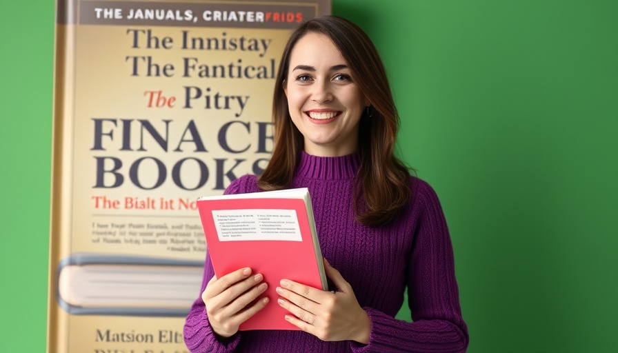 Smiling woman with book on financial opportunities in front of large book cover.