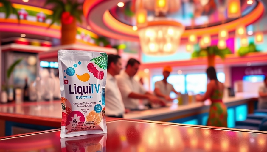 Liquid I.V. hydration packet shown at a lively cruise ship bar.