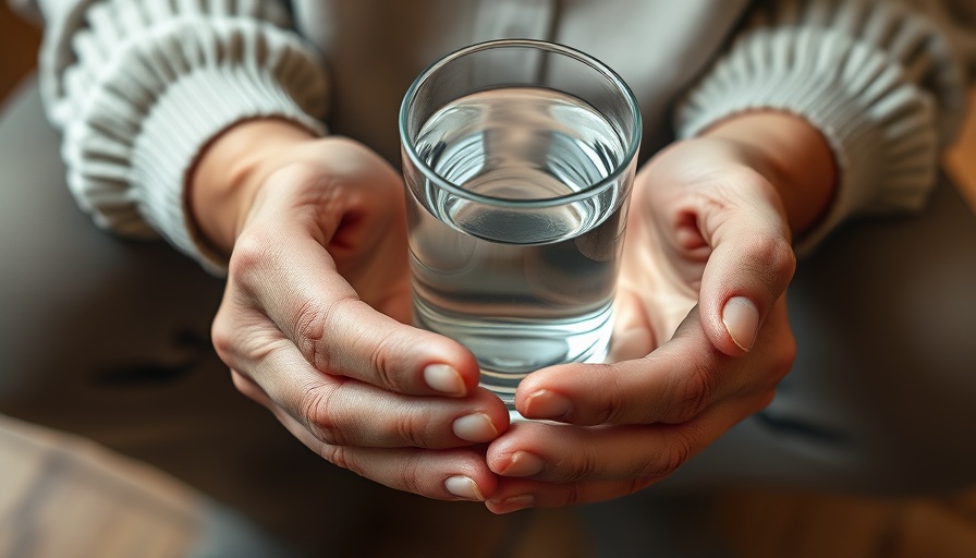 Prevent dehydration in older adults: elderly hands holding a glass of water.