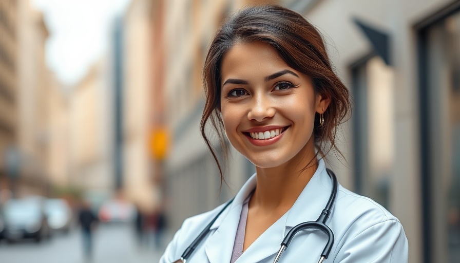 Friendly female doctor helping older parents, smiling confidently.