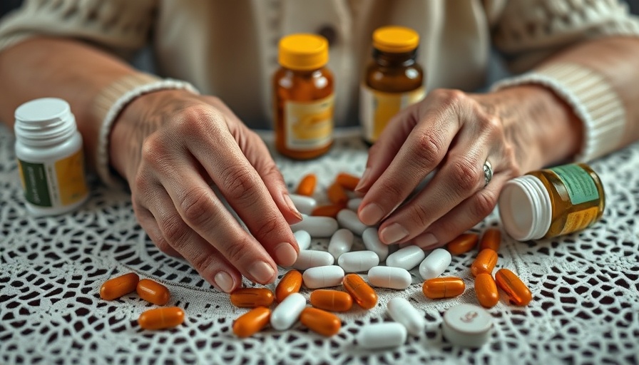 Older adult managing medications with pill organizer and bottles.