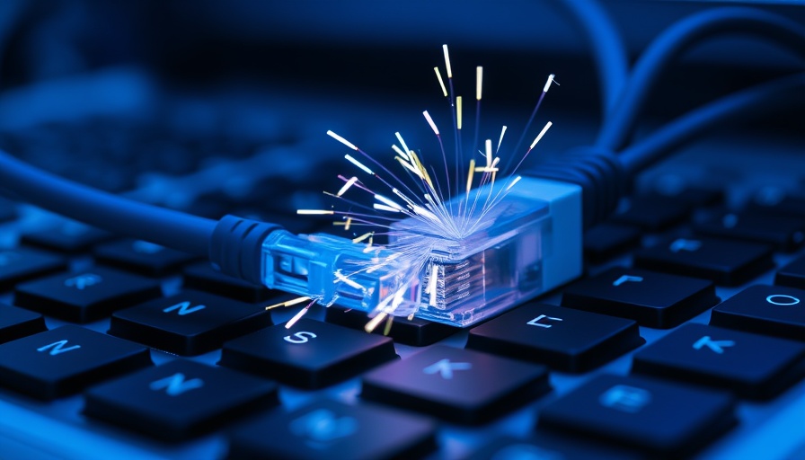 Ethernet cable and fiber optics on keyboard, broadband access concept