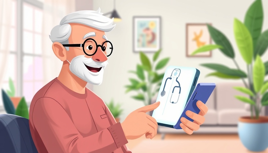 Illustration of AI doctor aiding elderly man in home care