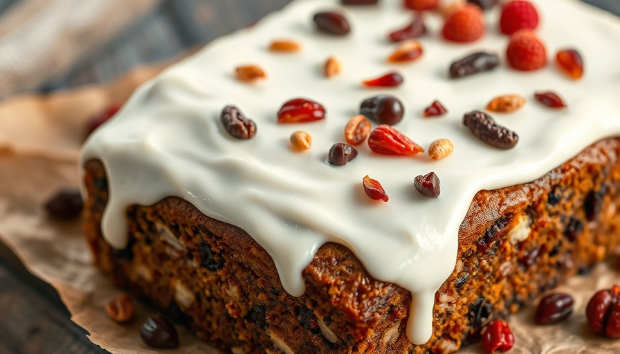 Nana Retter's Fruit Cake Recipe with iced rich fruit cake on parchment.