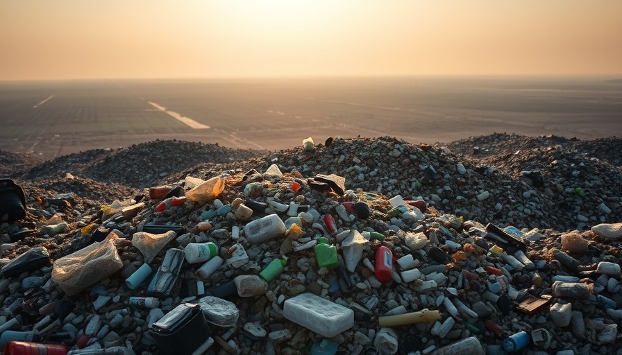 Landfill waste management scene with mixed waste under sunlight.