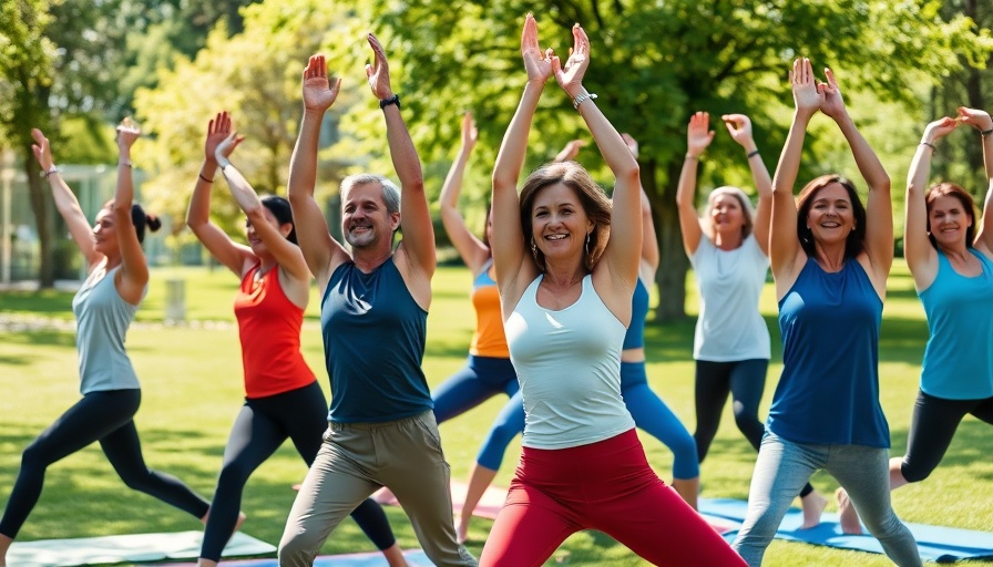 Group practicing yoga in a park for living longer in better health