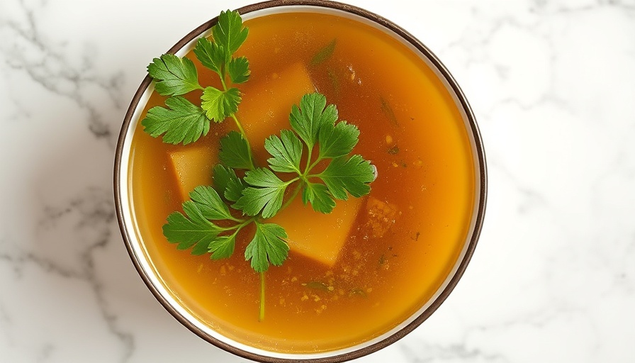 Bone broth in a bowl with cilantro, showcasing diet benefits.