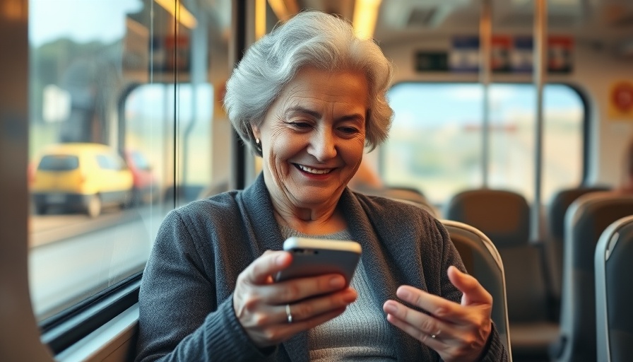 Elderly woman on train exploring apps for solo travelers.