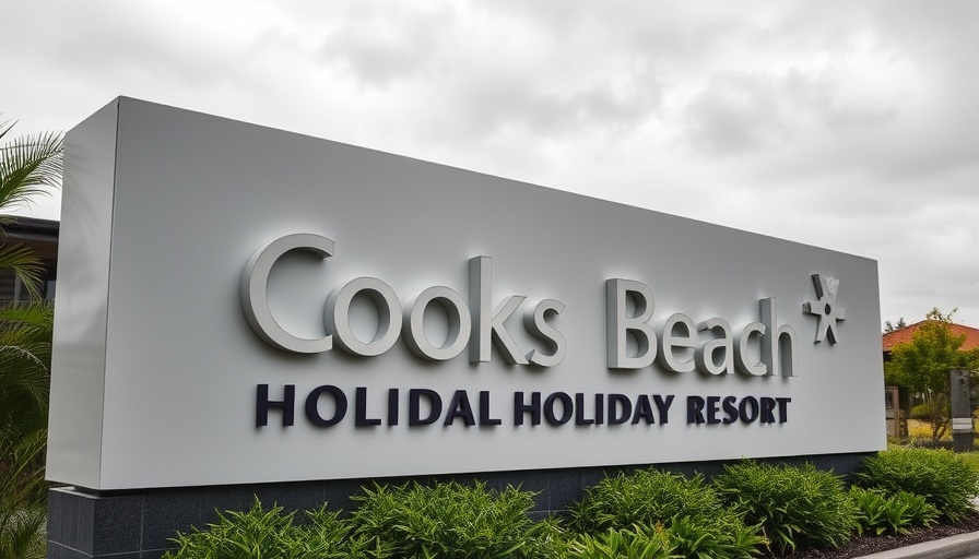 Cooks Beach camping experience entrance sign with cloudy sky