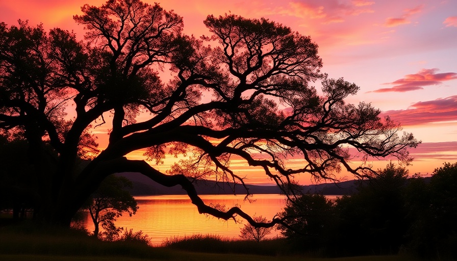Exploring New Plymouth: Sunset over lake with silhouetted trees.