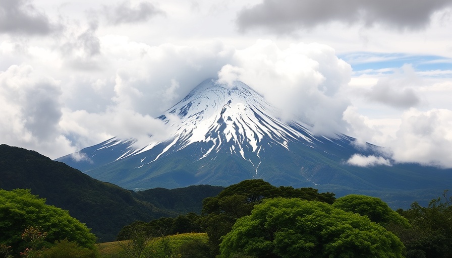Mt Taranaki shrouded in clouds with lush greenery.