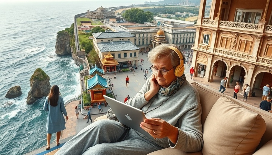 Virtual travel tours for seniors; senior woman exploring global destinations from home.