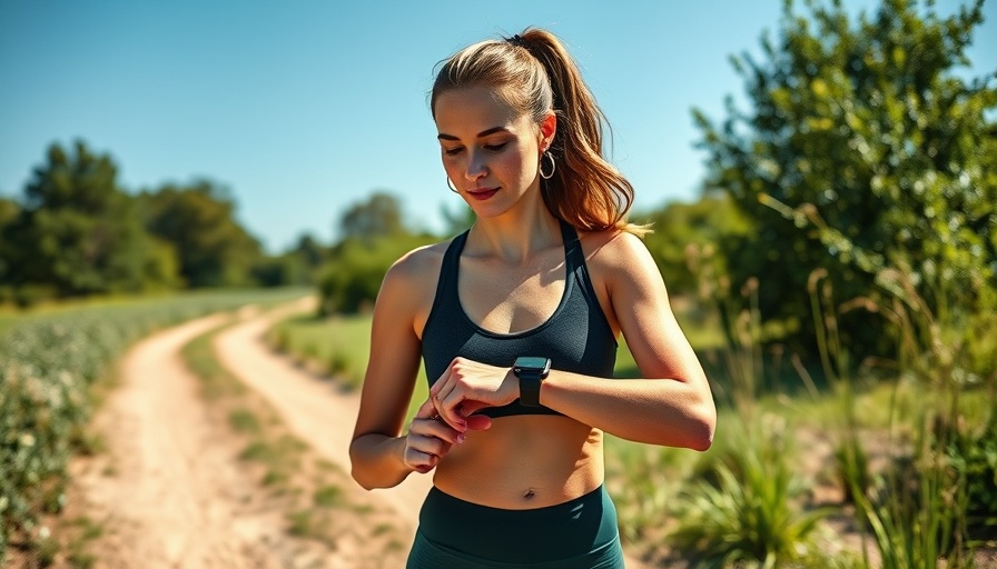 Fit woman walking for weight loss, checking fitness tracker.