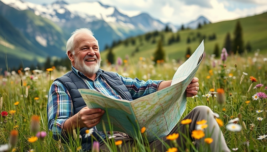 Older man enjoys a meadow view, broadens perspectives through travel.