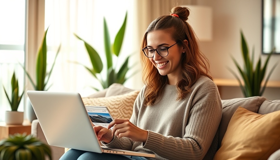 Woman researching cruise deals online, enjoying savings in modern living room.