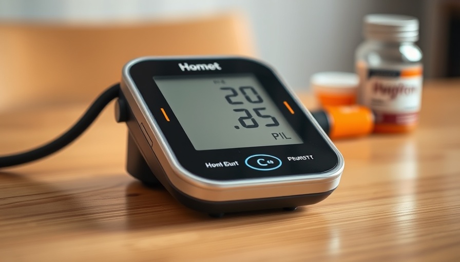 Modern home blood pressure monitor on table with a blurred prescription bottle.