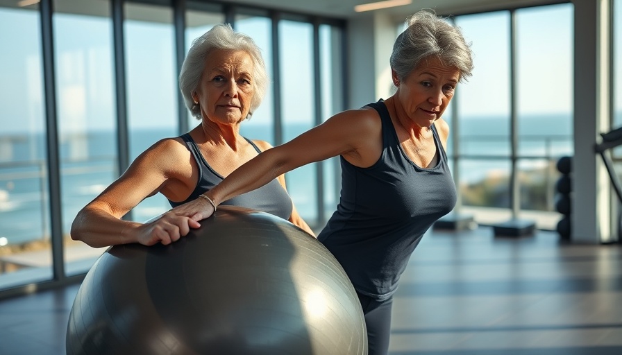 Active older woman using stability ball in gym by ocean, Blueprint for Longevity and Pain Management.