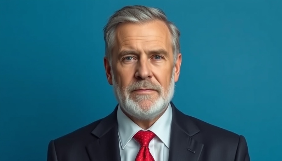 Distinguished older man in suit, neutral expression, blue background.