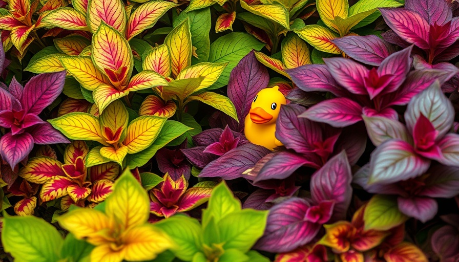 Lush foliage with rubber duck hidden amid vibrant leaves.
