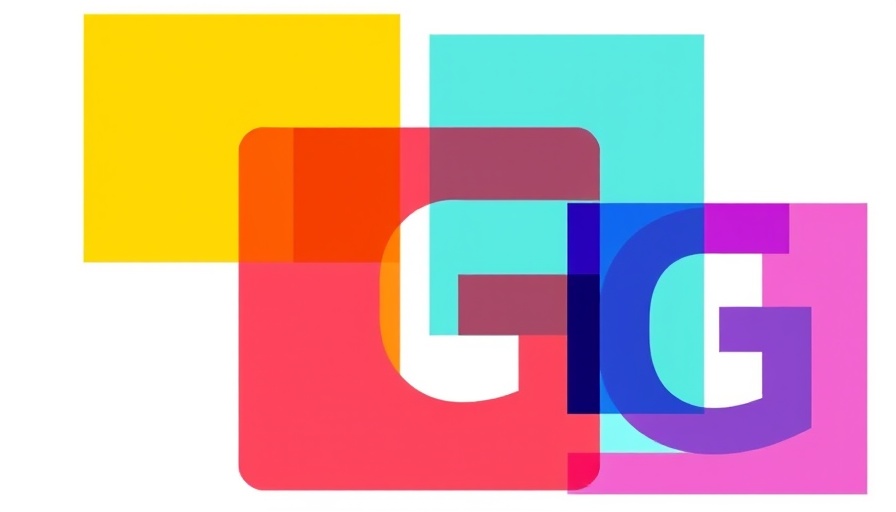 Colorful abstract icon with bold letters and overlapping rectangles.