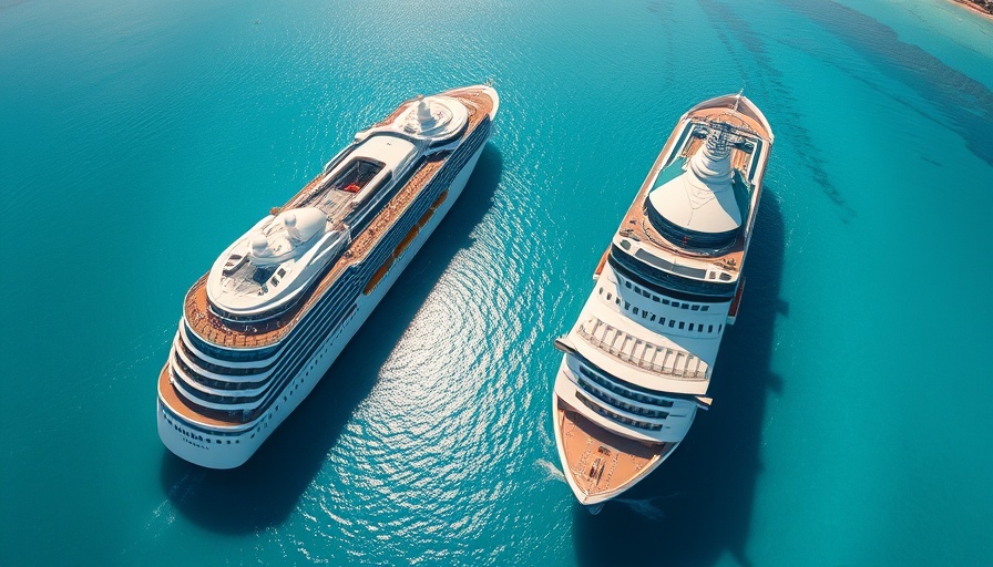 Largest cruise ship to visit Celebration Key docked with another ship, turquoise waters.