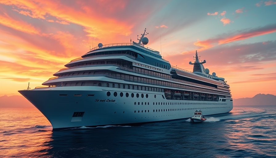 Royal Caribbean cruise ship sailing at sunset with rescue boat.