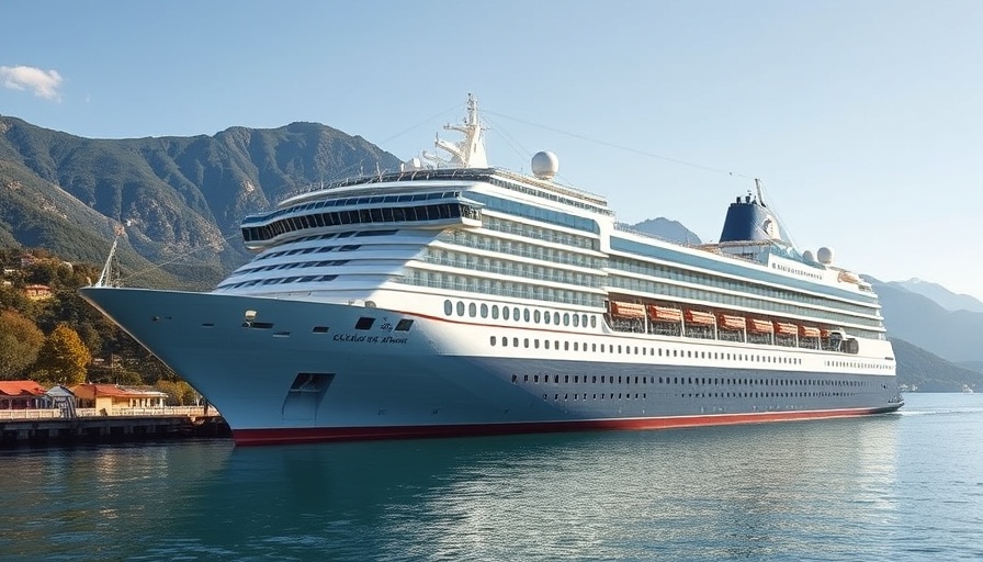 Hapag-Lloyd Cruises ship docked in port with mountainous backdrop.
