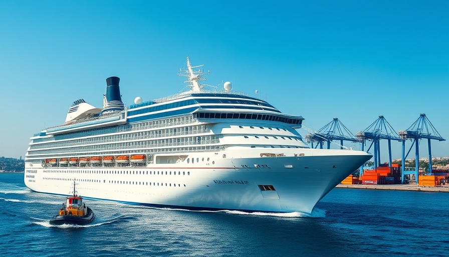 Asuka II cruise ship sailing through port with tugboat assistance.