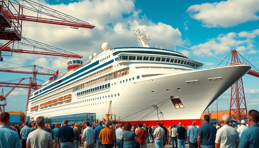 Fincantieri ship construction observed by crowd, symbolizing profits.