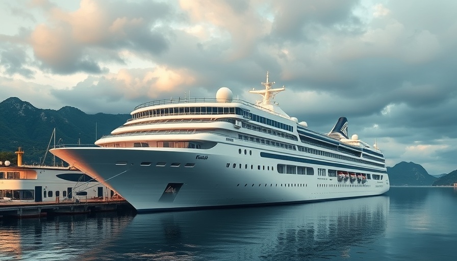 Luxury cruise ship docked against Asian mountain backdrop, perfect for residential cruising.