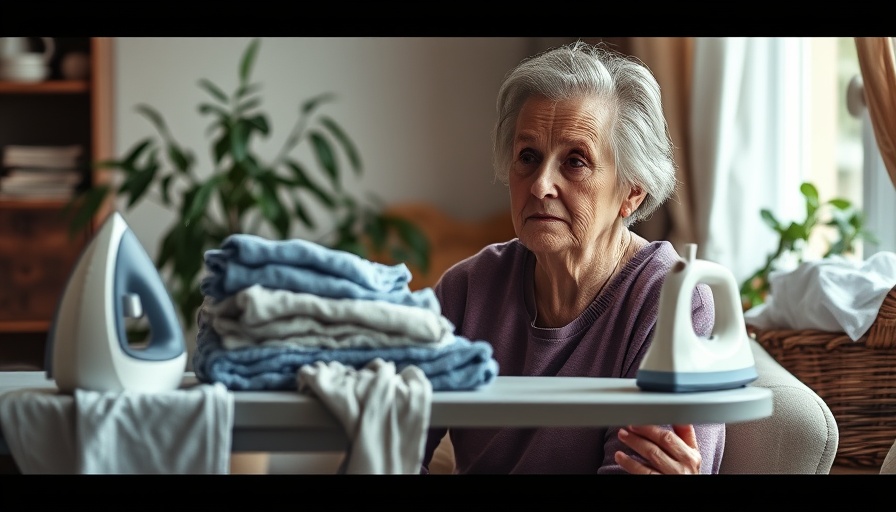 Elderly woman organizing clothes, reflecting on life, cozy home setting.