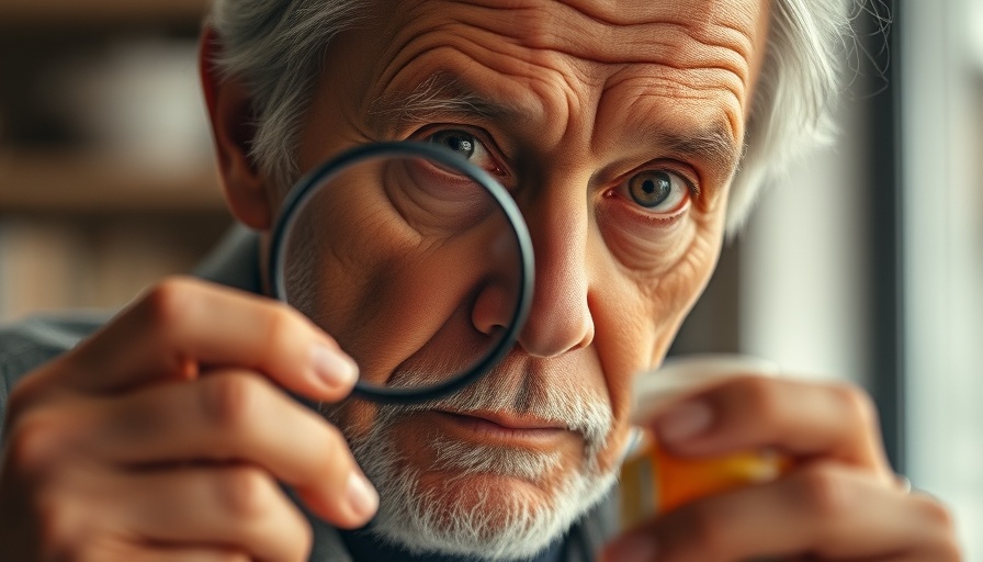 Older man examining anticholinergic drugs with magnifying glass.