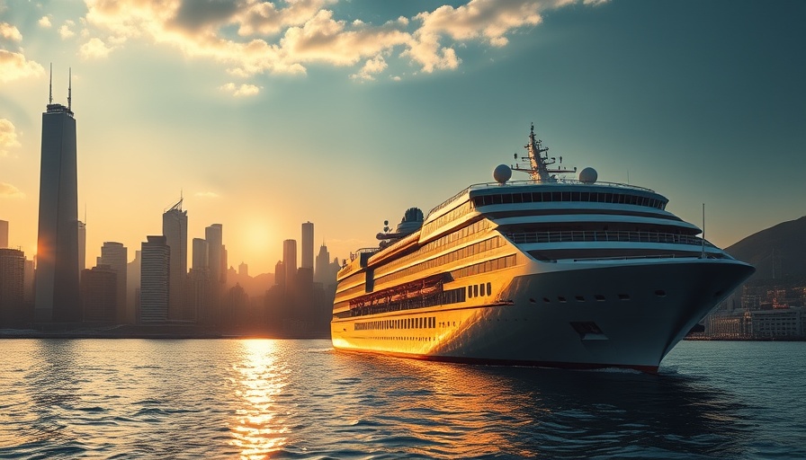 Luxurious Royal Caribbean cruise ship with city skyline.