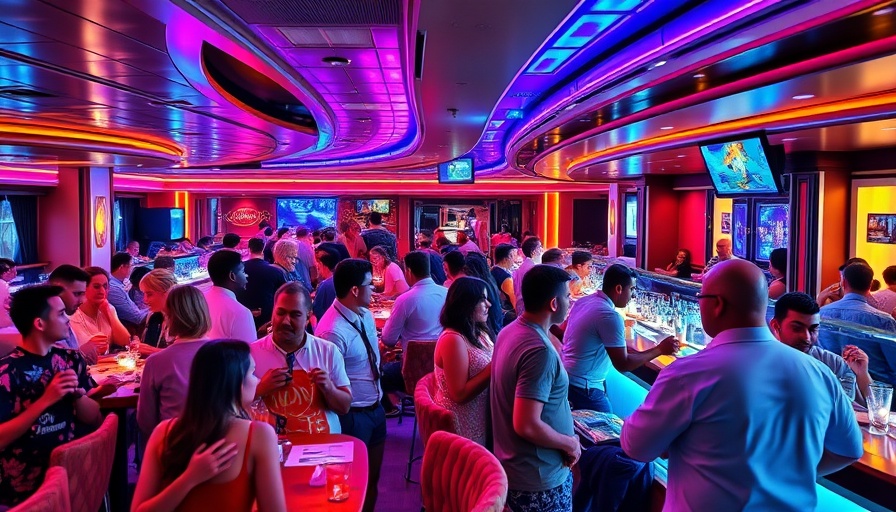 Lively cruise ship bar with colorful LED lights and guests.